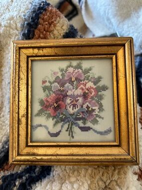 Gold-Framed Floral Needlepoint Wall Art in Pink and Purple